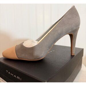 Tahari Womens TA-Ryan Heels 9.5M Gray & Beige Suede Pointed Toe Pumps With Box